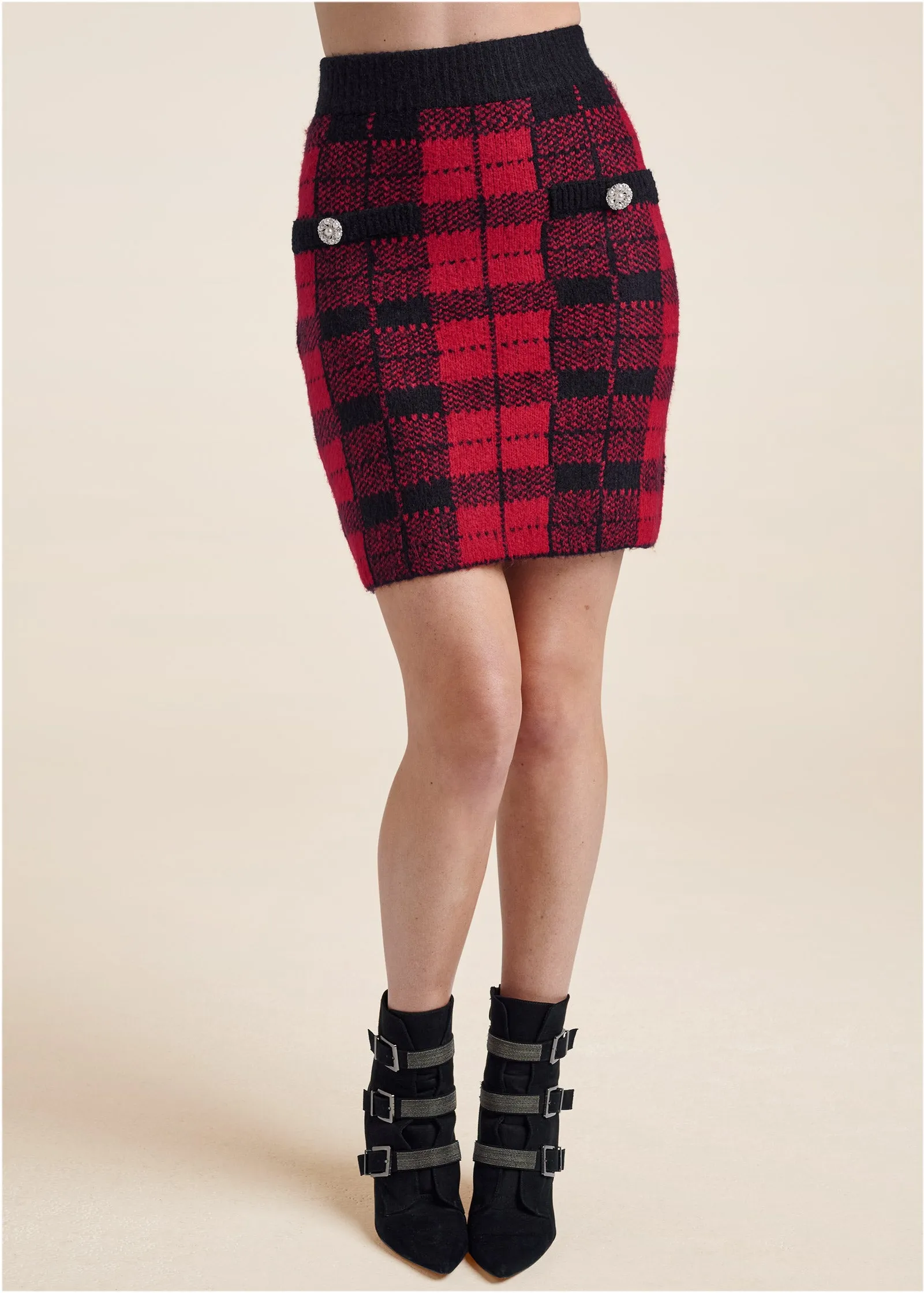 Plaid Sweater And Skirt Set - Black & Red