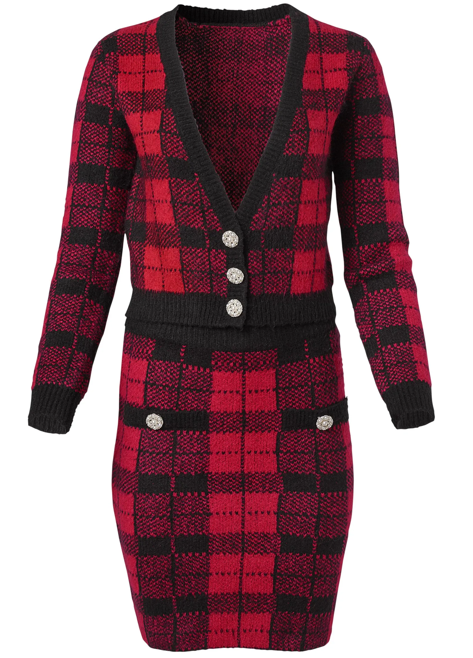 Plaid Sweater And Skirt Set - Black & Red