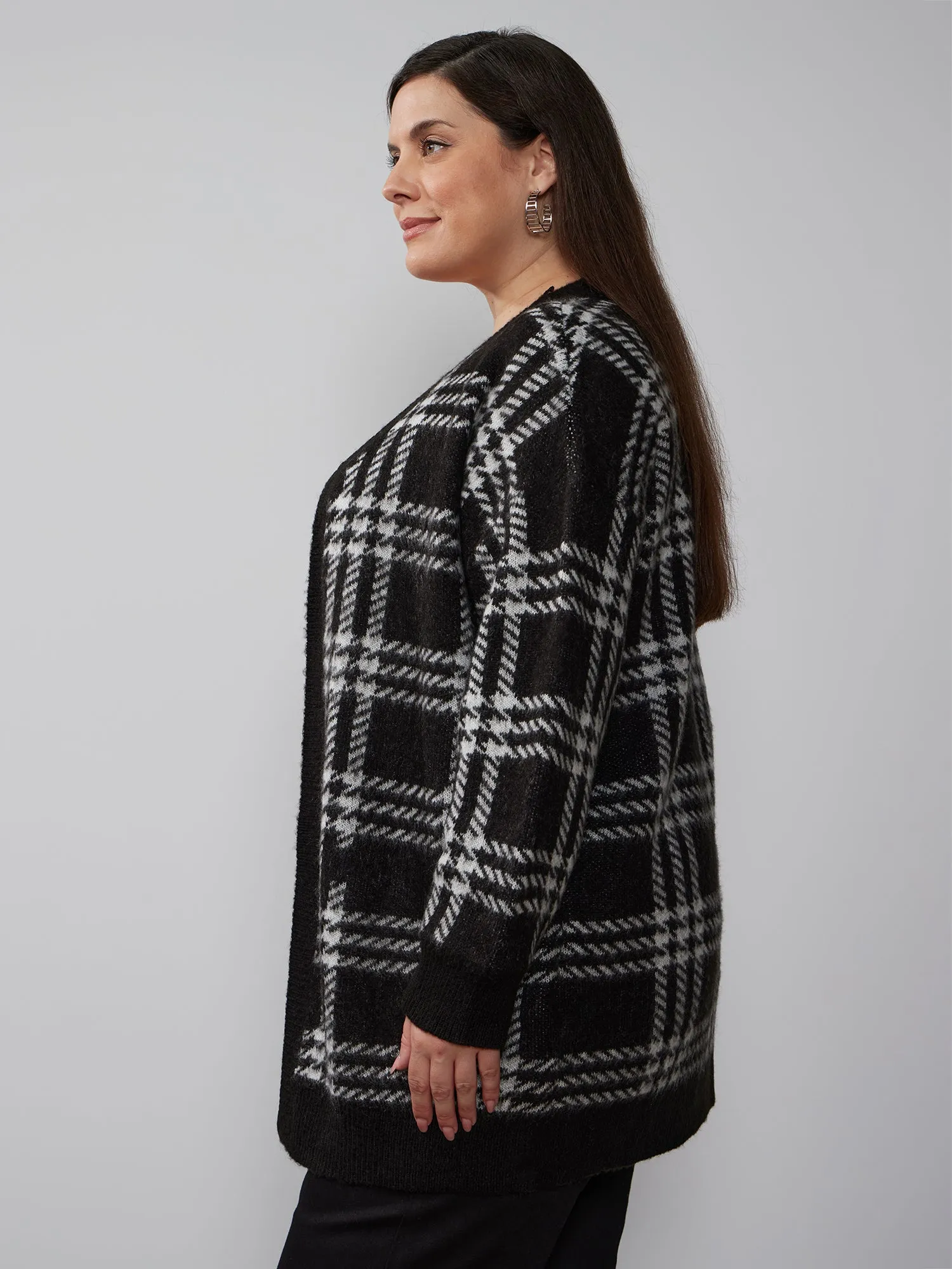 Plus Open Front Plaid Cardigan