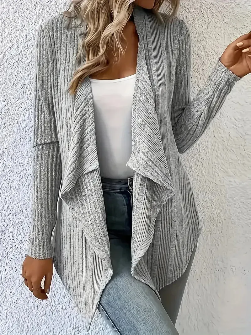 Plus Size 1XL-5XL Women's Long Sleeved Open Front Ribbed Cardigan