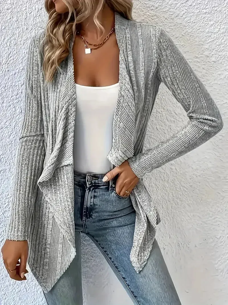 Plus Size 1XL-5XL Women's Long Sleeved Open Front Ribbed Cardigan