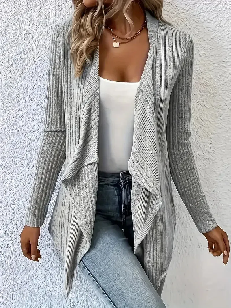 Plus Size 1XL-5XL Women's Long Sleeved Open Front Ribbed Cardigan