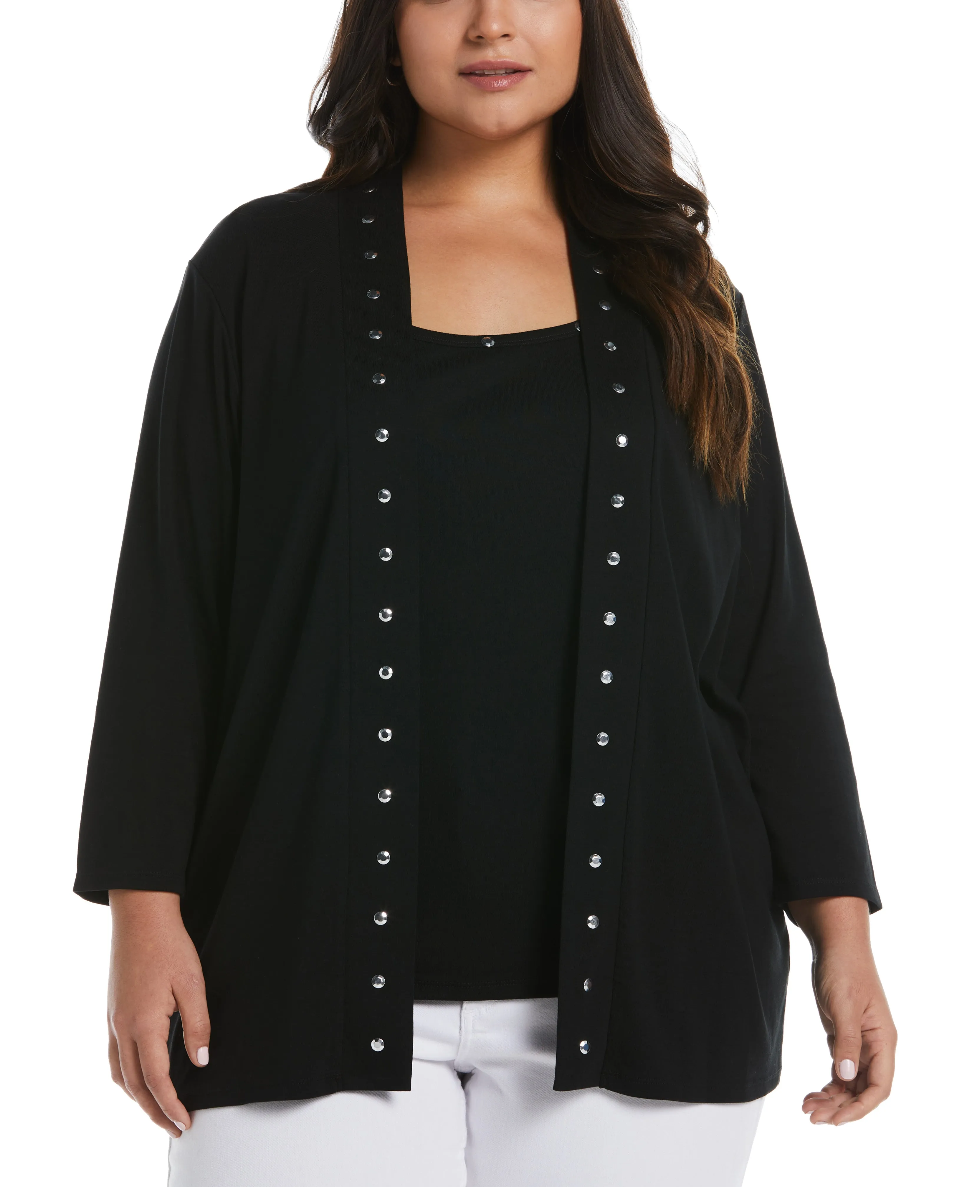 Plus Size Cardigan Sweater with Hardware Trim