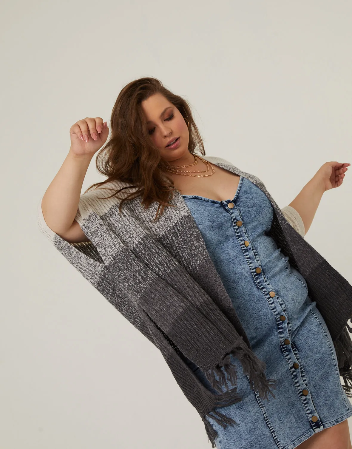 Plus Size Colorblock Fringe Cardigan