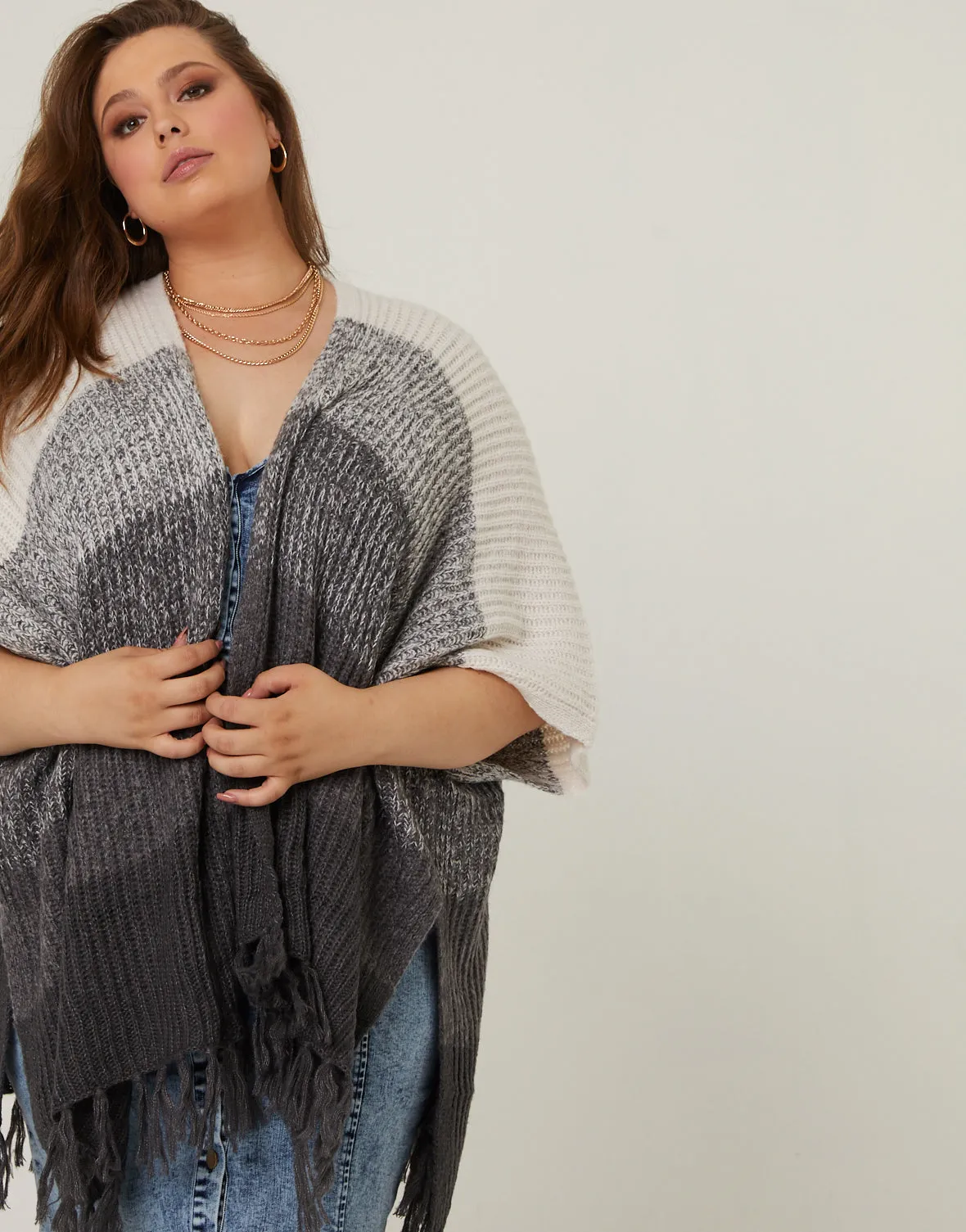 Plus Size Colorblock Fringe Cardigan