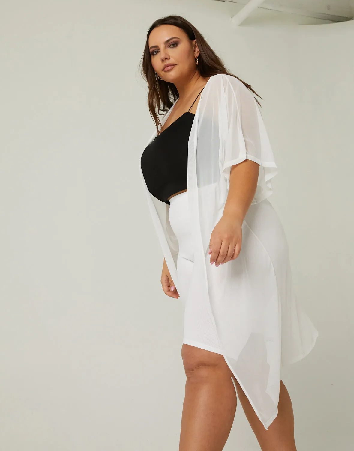 Plus Size Mesh Overlay Cardigan