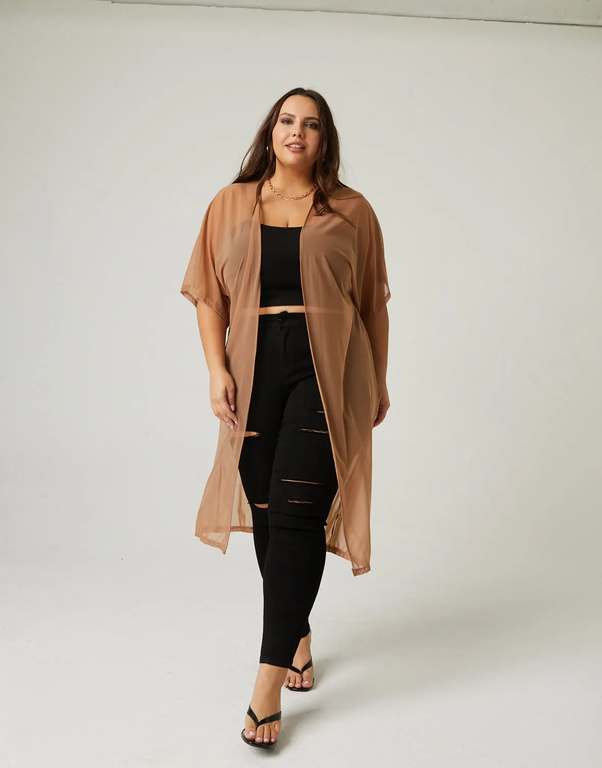 Plus Size Mesh Overlay Cardigan