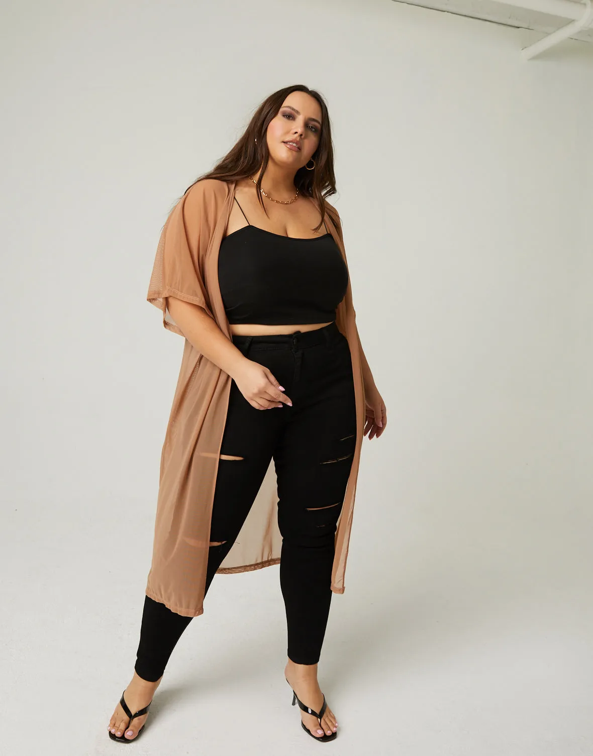 Plus Size Mesh Overlay Cardigan