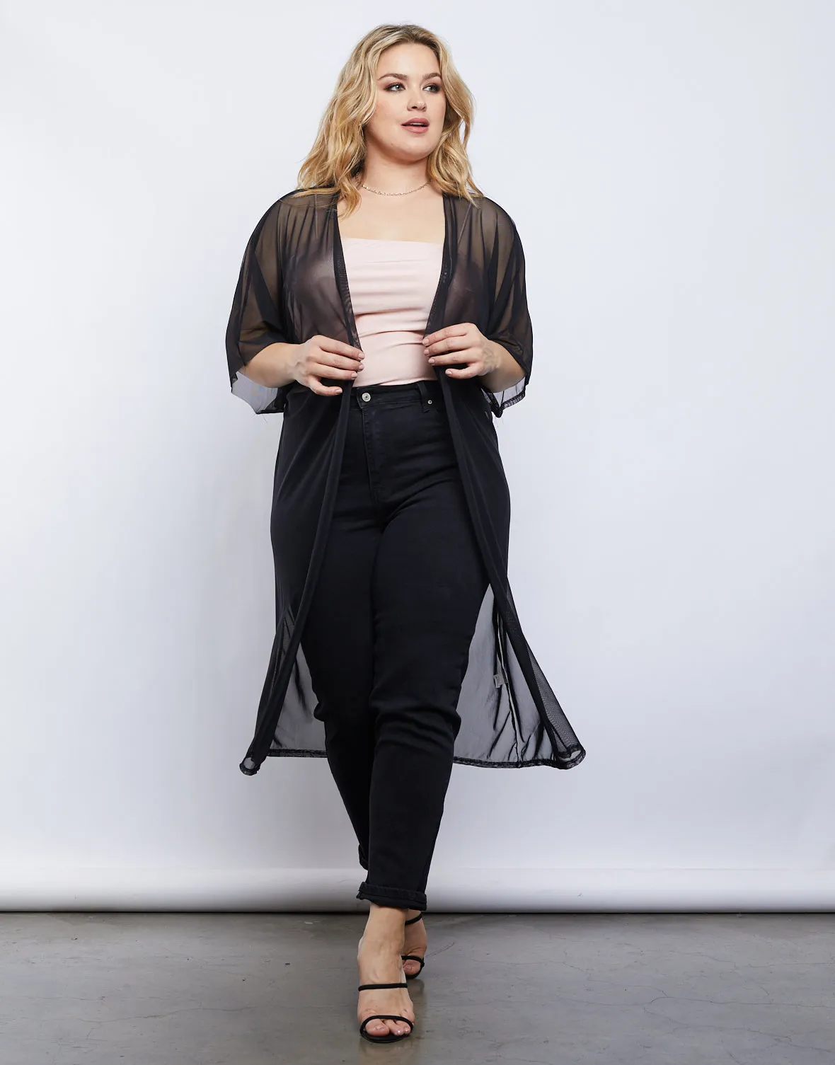 Plus Size Mesh Overlay Cardigan