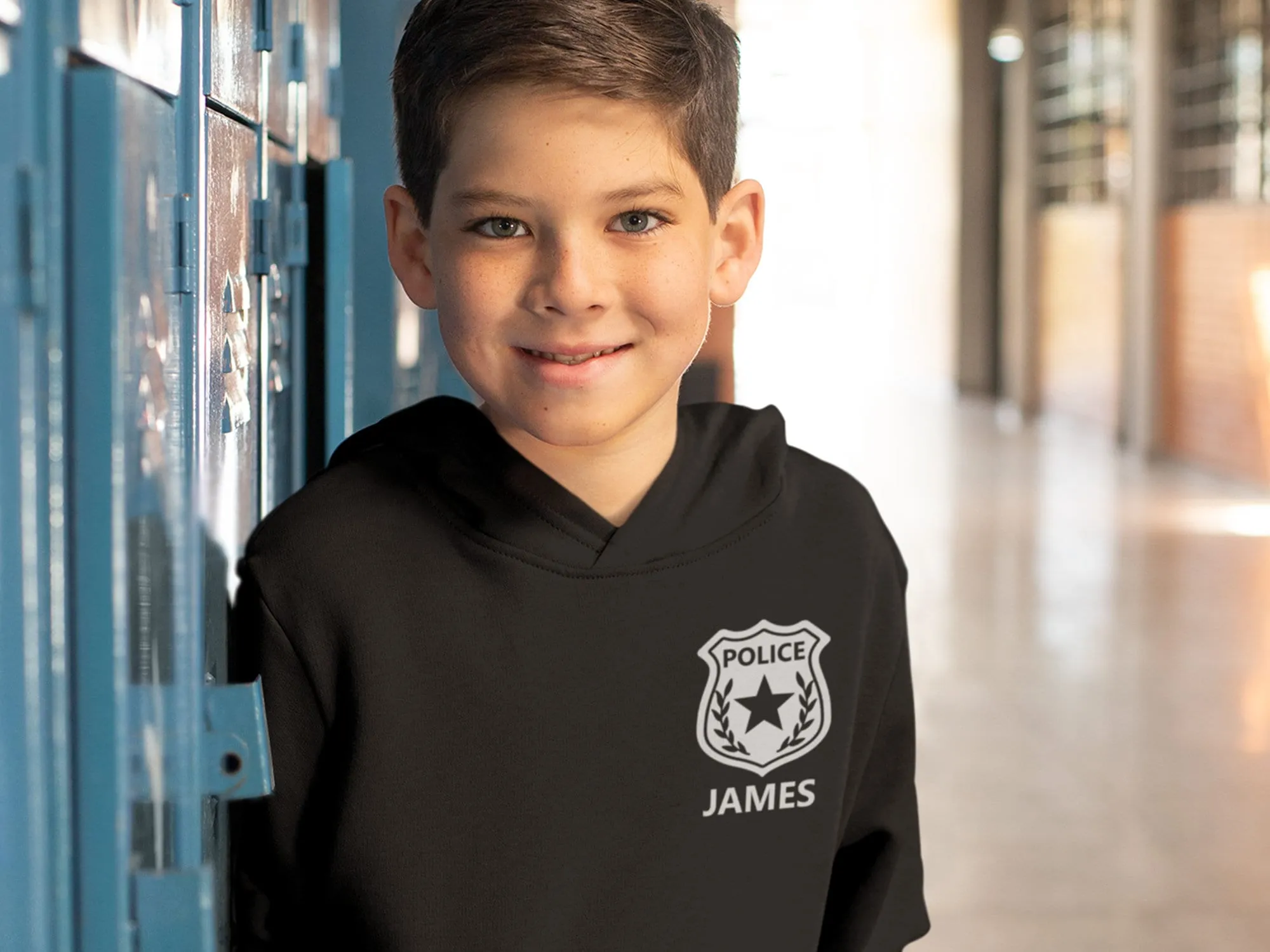 Police Youth Sized Hoodie in Black with Badge and Personalized Name - Optional Police Department on Back