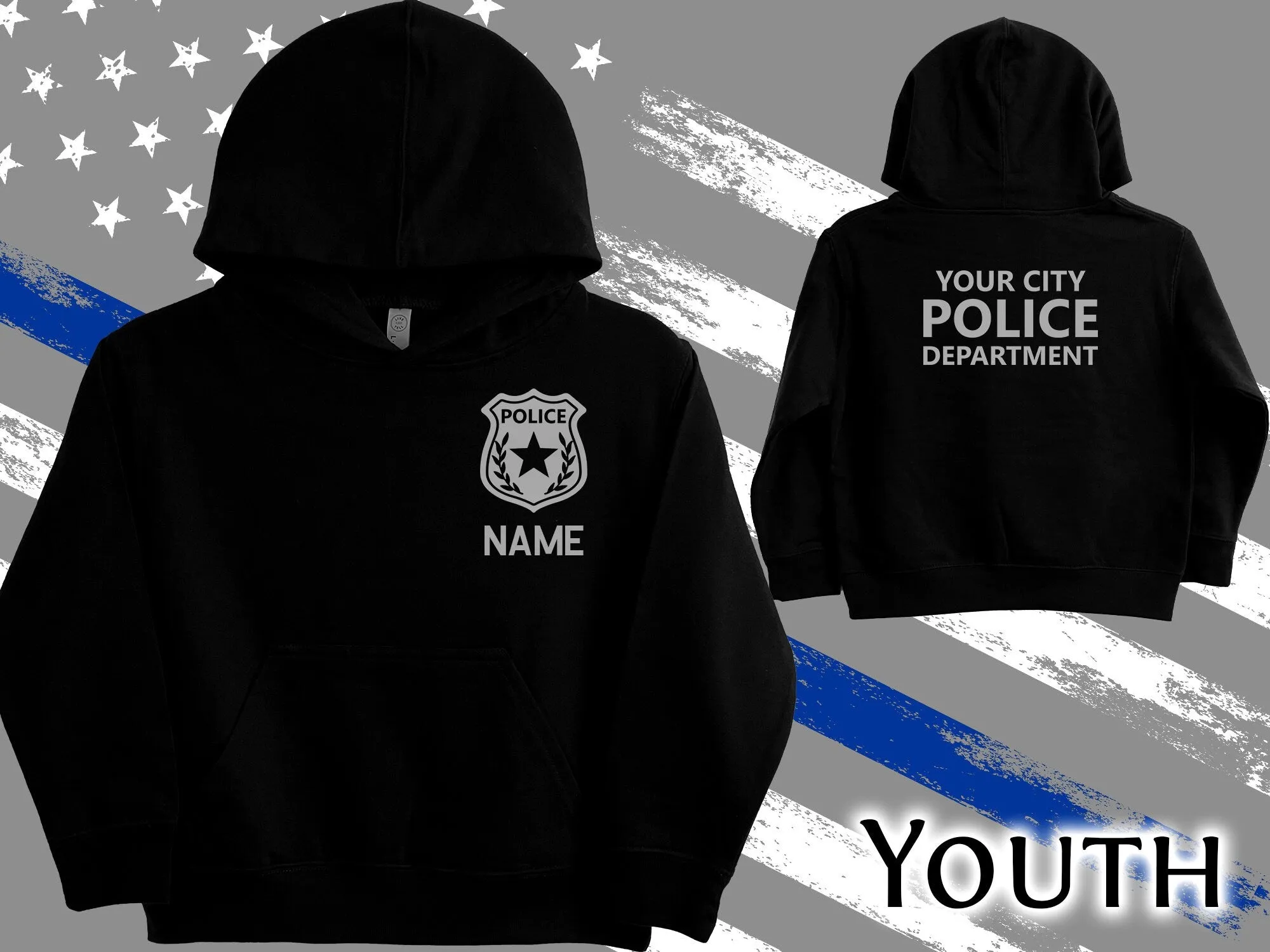 Police Youth Sized Hoodie in Black with Badge and Personalized Name - Optional Police Department on Back