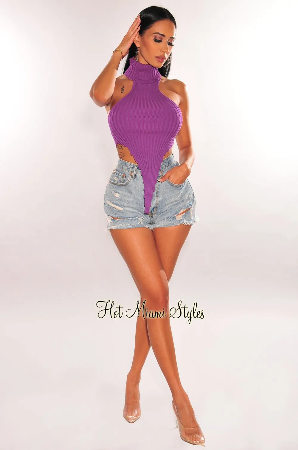 Purple Ribbed Knit Turtleneck Asymmetrical Hem Crop Top