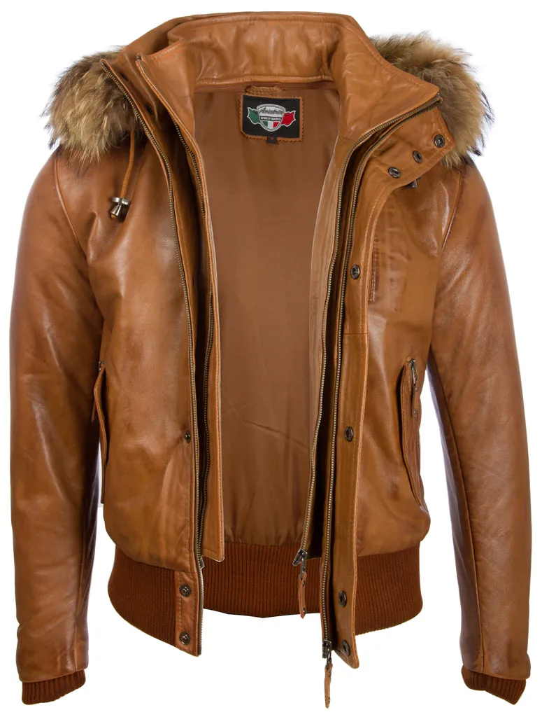 QS6C Men’s Fur Hood Bomber - Timber