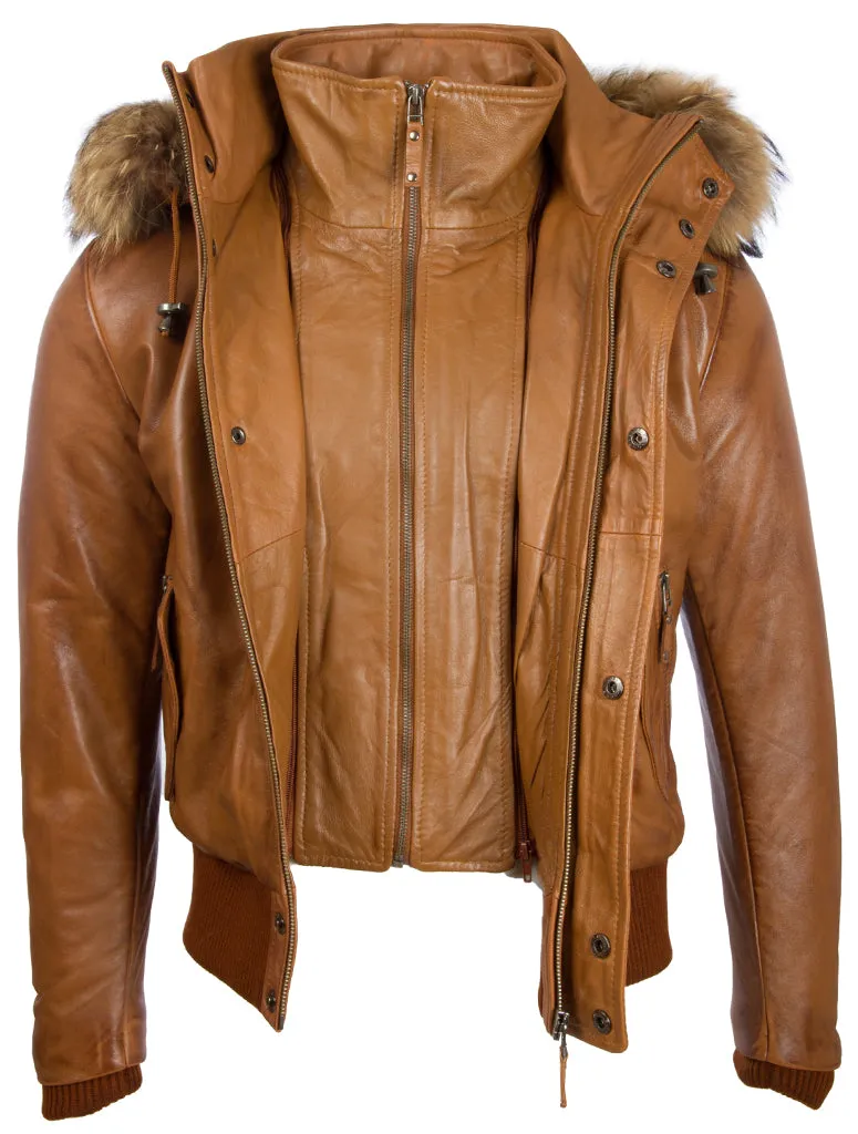 QS6C Men’s Fur Hood Bomber - Timber