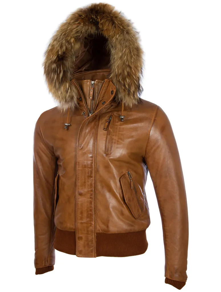 QS6C Men’s Fur Hood Bomber - Timber