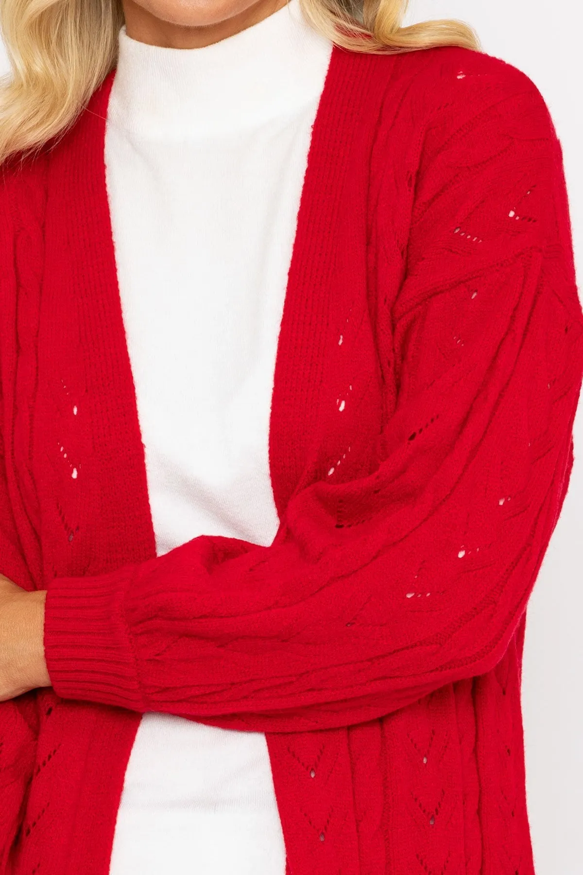 Red Longline Pointelle Cardigan