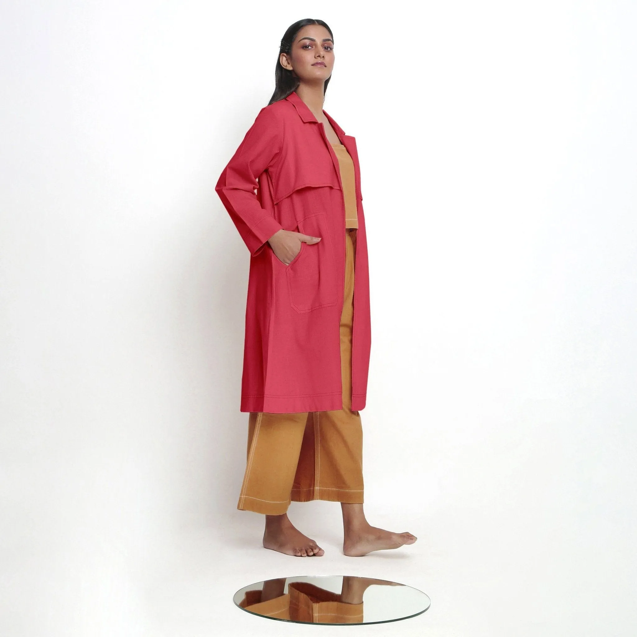 Red Vegetable Dyed Cotton Notched Collar Front Open Overlay