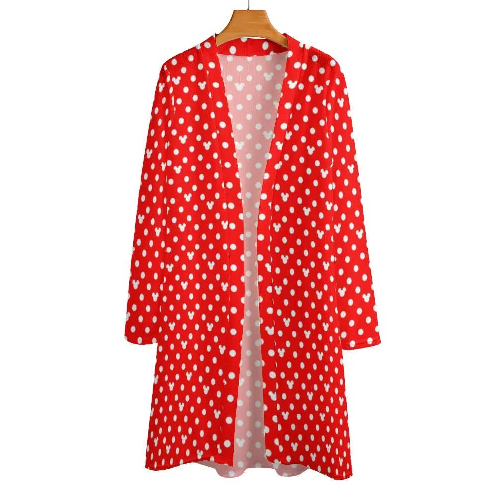 Red With White Mickey Polka Dots Women's Mid-Length Cardigan