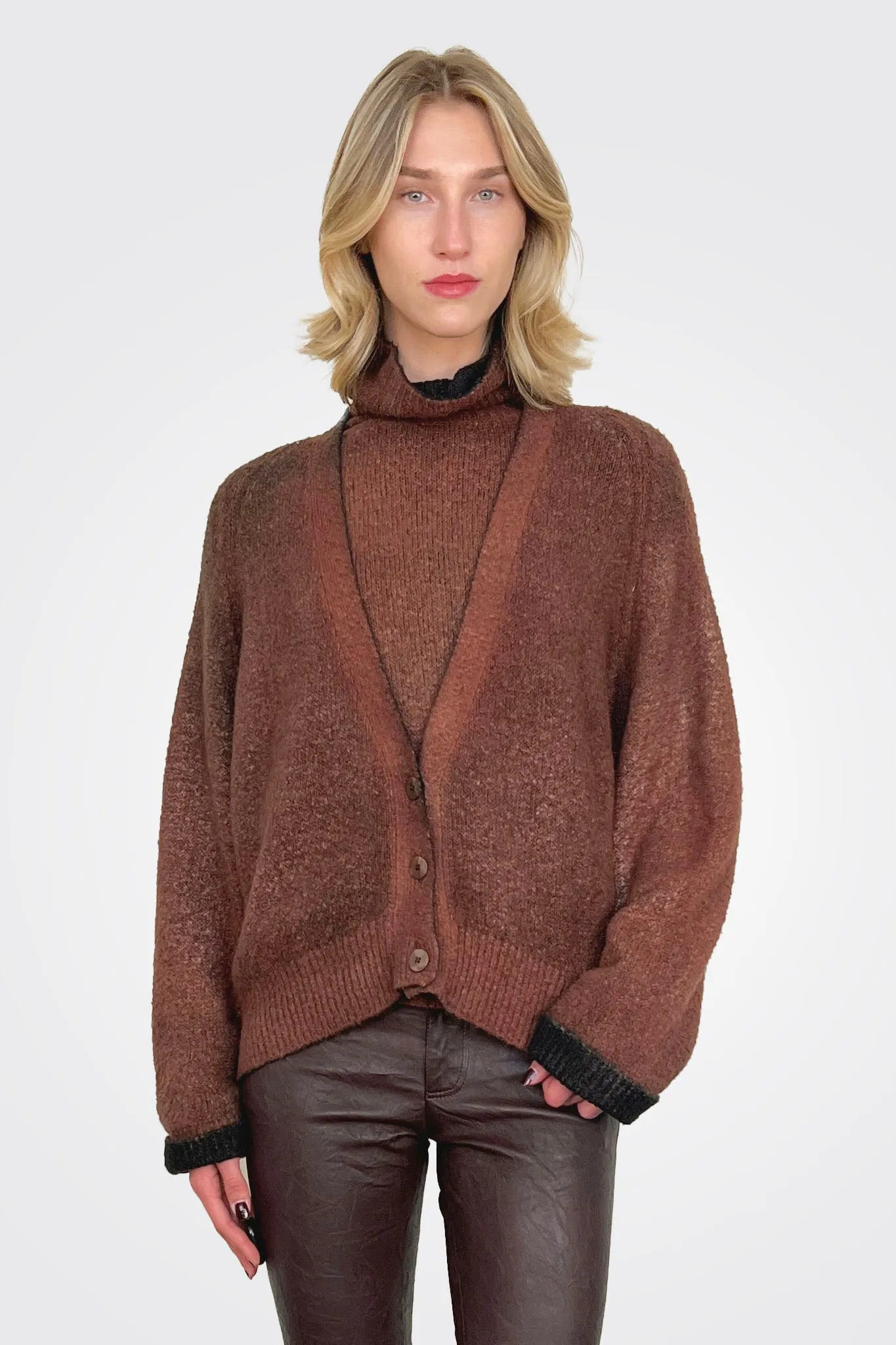 Reversible Knit Cardigan - Brown Black