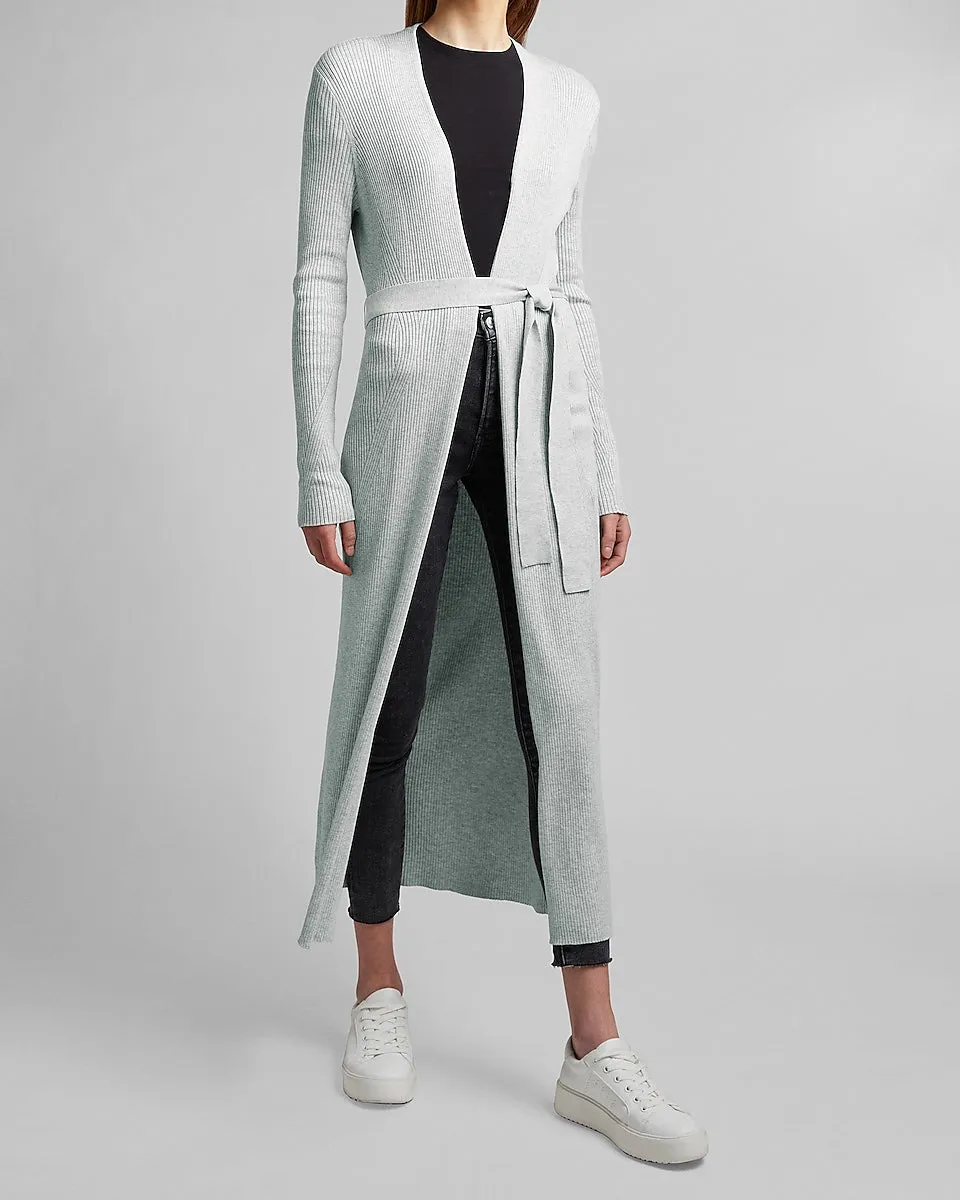 Ribbed Belted Duster Cardigan In Silver Heather Gray