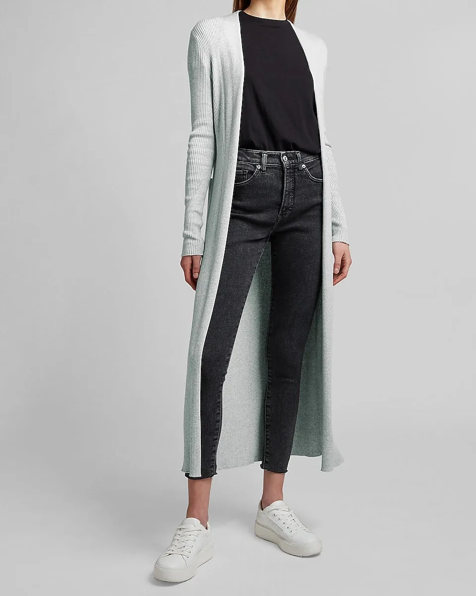 Ribbed Belted Duster Cardigan In Silver Heather Gray