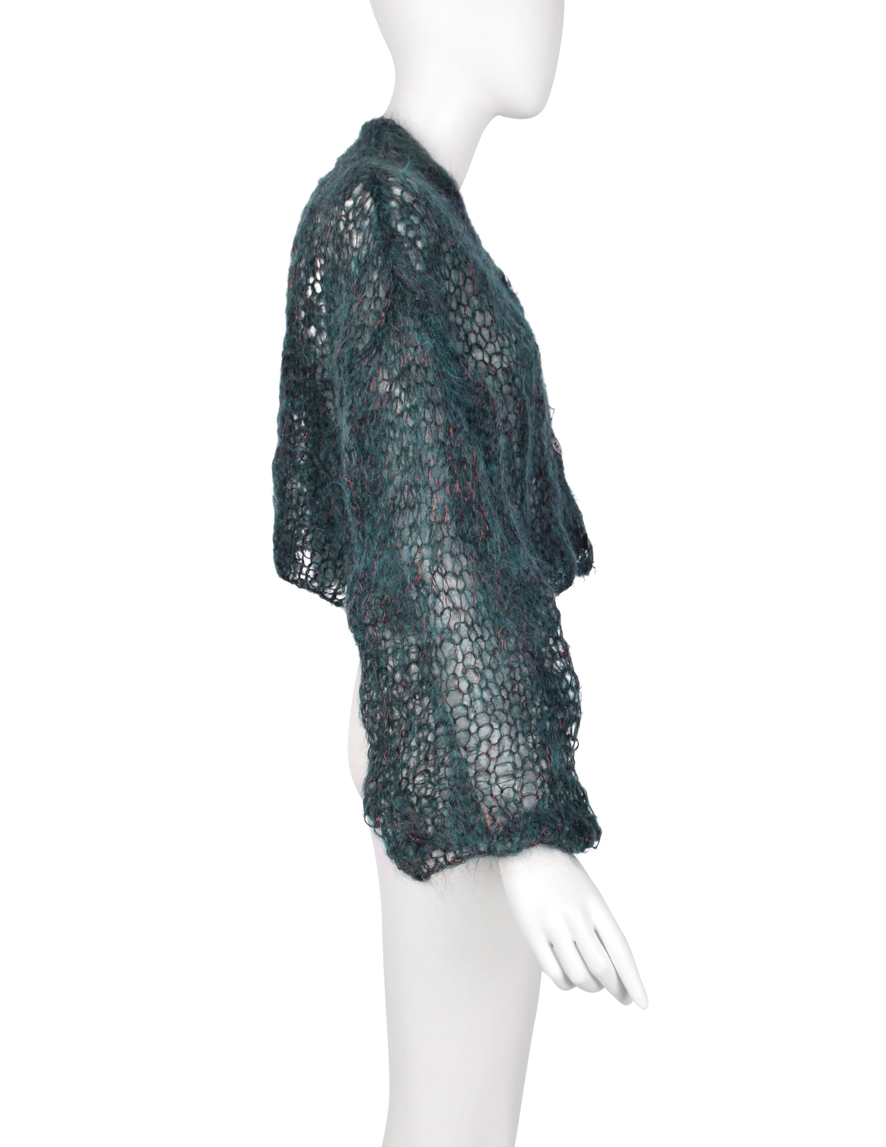 Romeo Gigli Vintage 1994 Deep Kerosene Green Copper Metal Mohair Cropped Cardigan Sweater