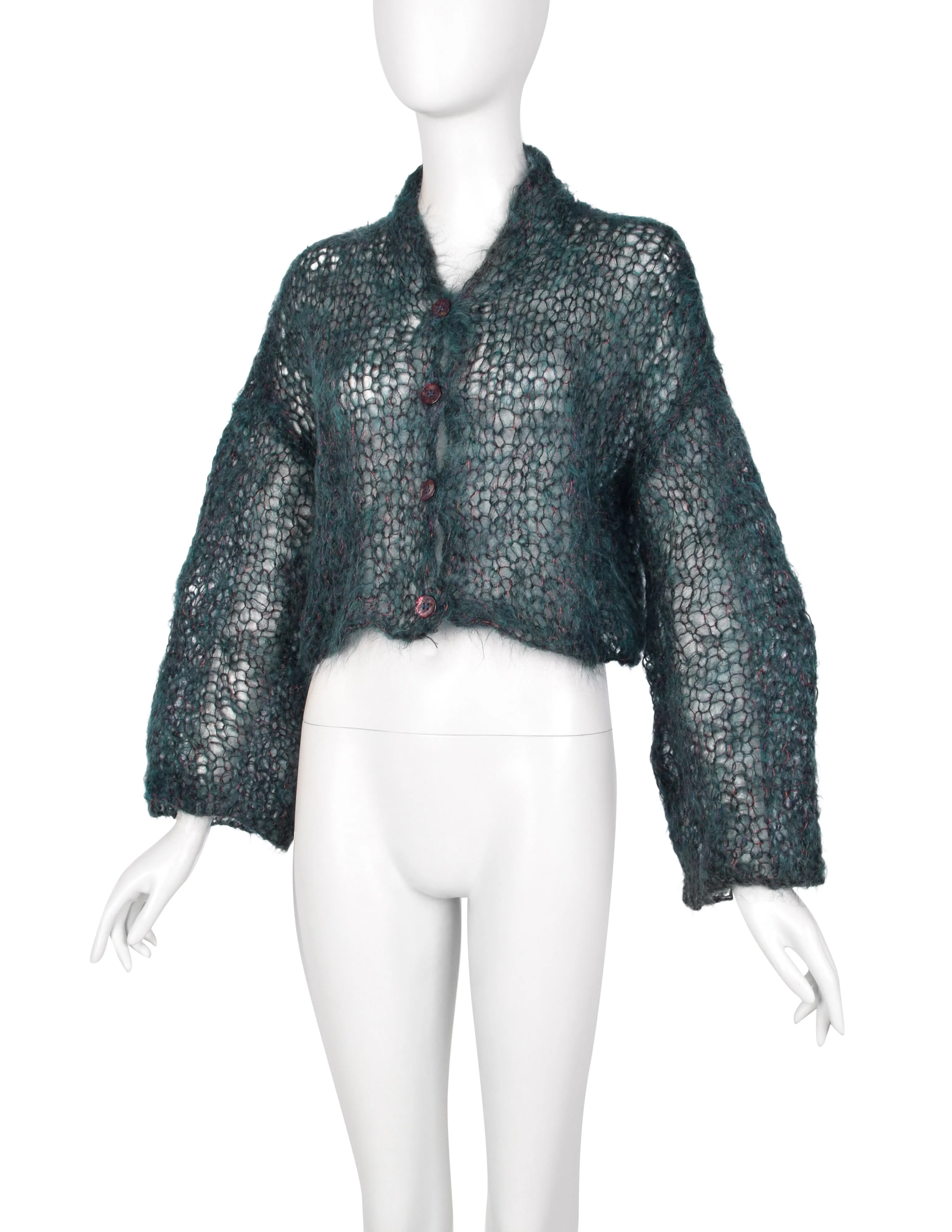 Romeo Gigli Vintage 1994 Deep Kerosene Green Copper Metal Mohair Cropped Cardigan Sweater