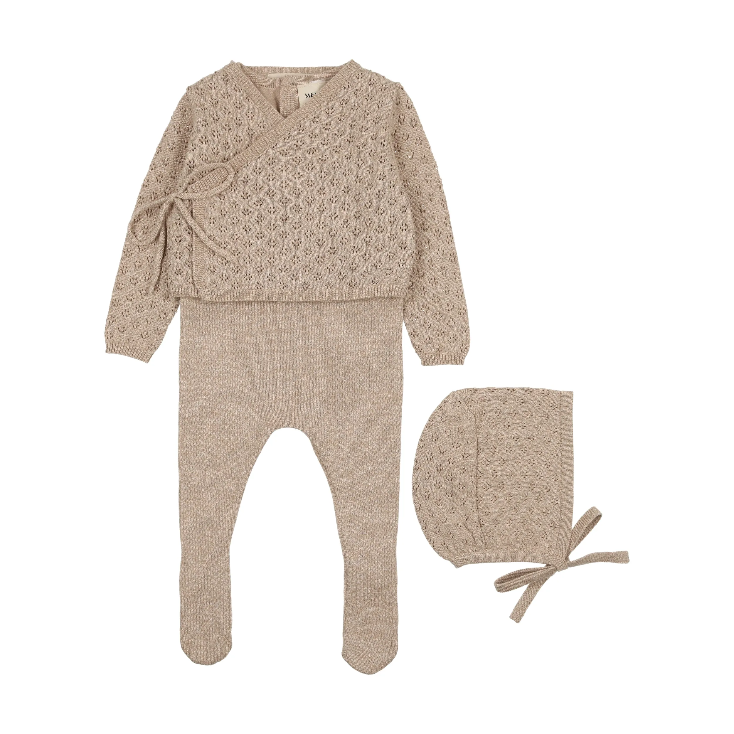 set knit jumper footie with cardigan and bonnet - oatmeal