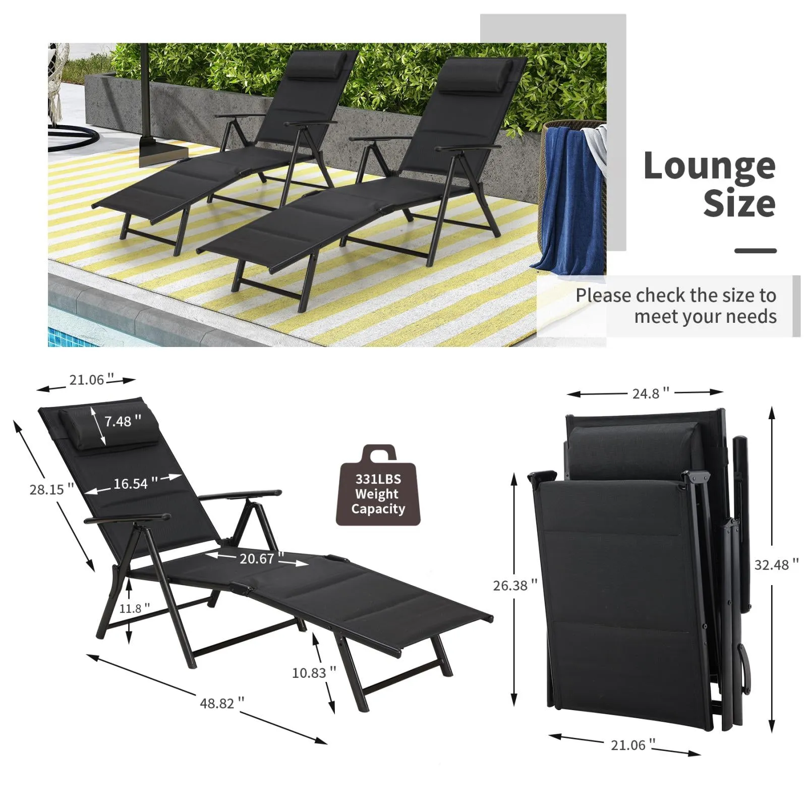 Set of 2 Outdoor Folding Lounge Chairs with 7-Position Adjustable Backrest for Poolside,Black