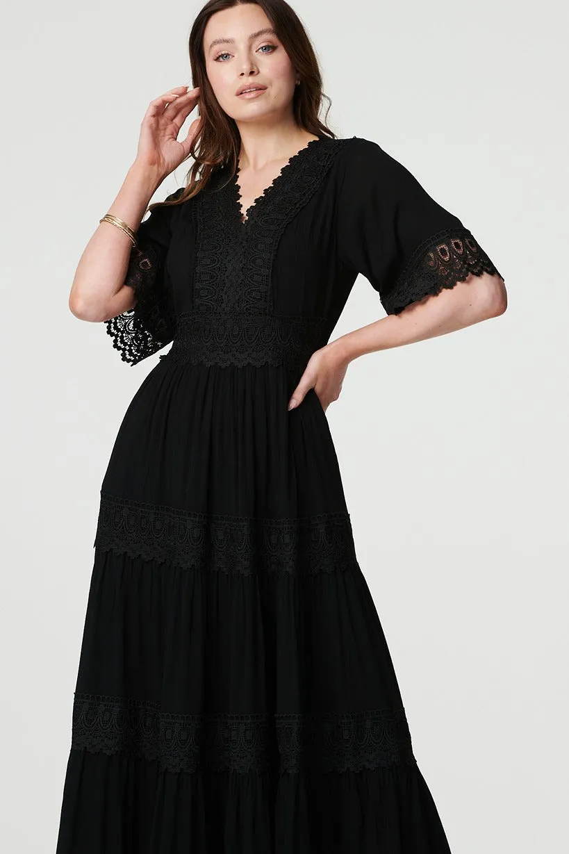 Short Sleeve Crochet Maxi Dress