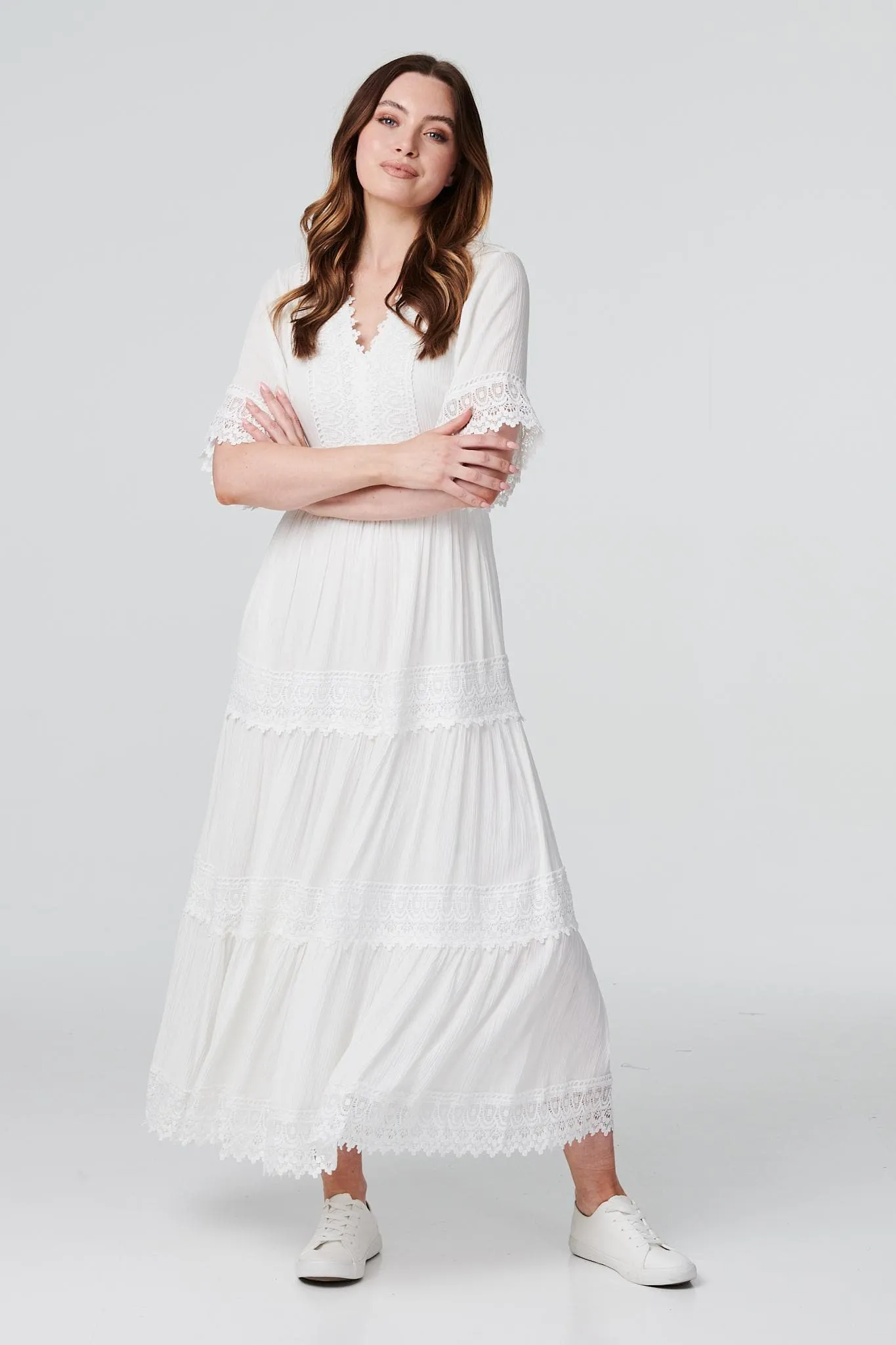 Short Sleeve Crochet Maxi Dress