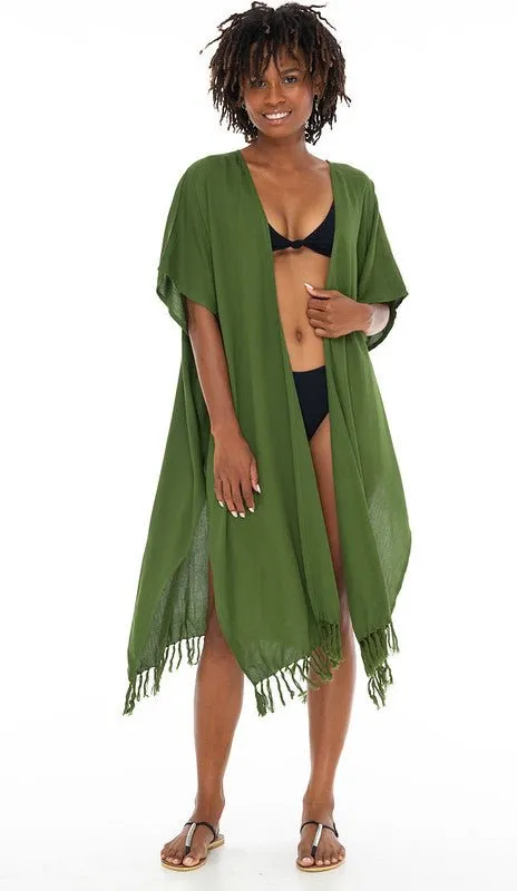 SHU-SHI Womens Kimono Cardigan Fringe Swimwear Robe Beach Open Front Solid Color