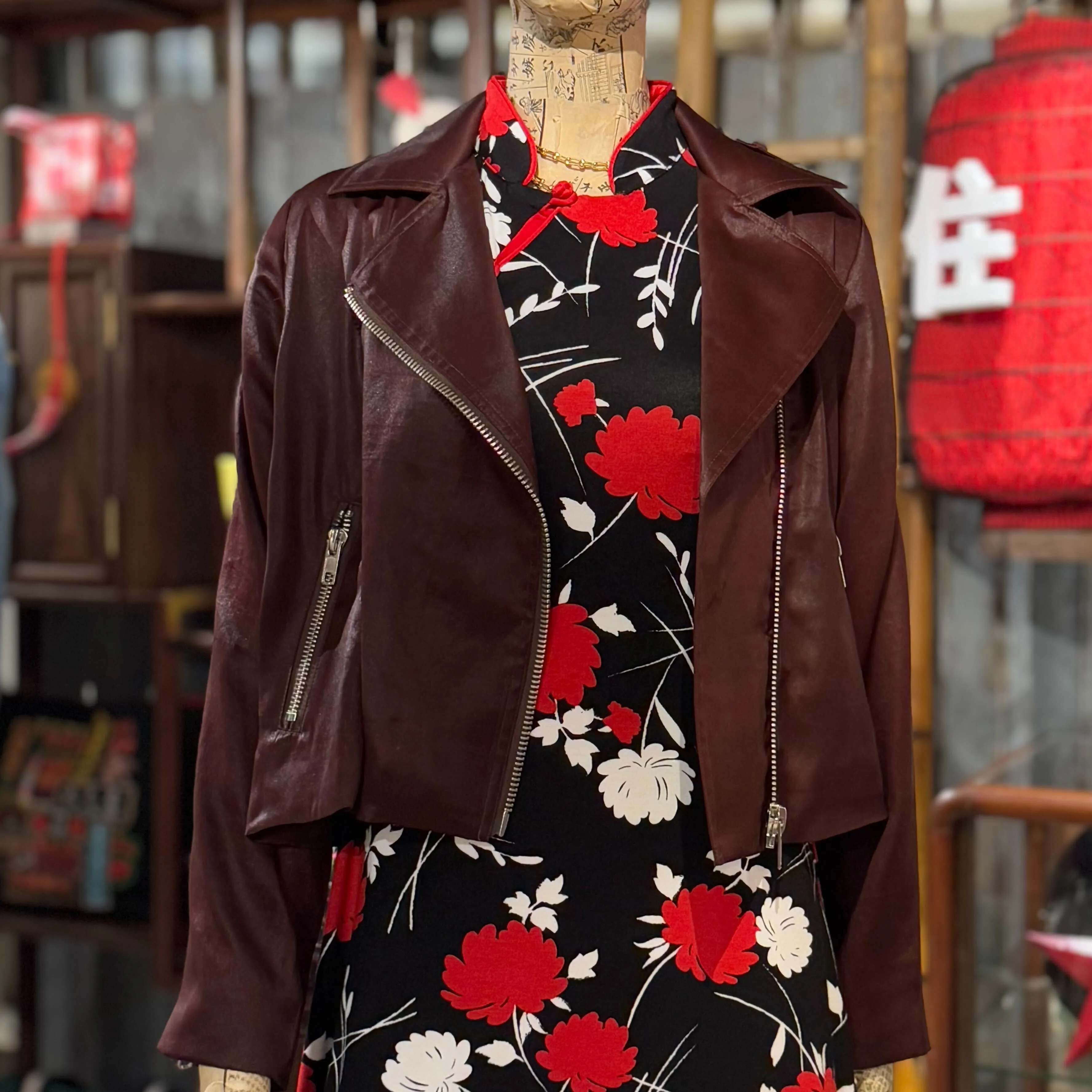 Silk Moto Jacket, Dark Burgandy