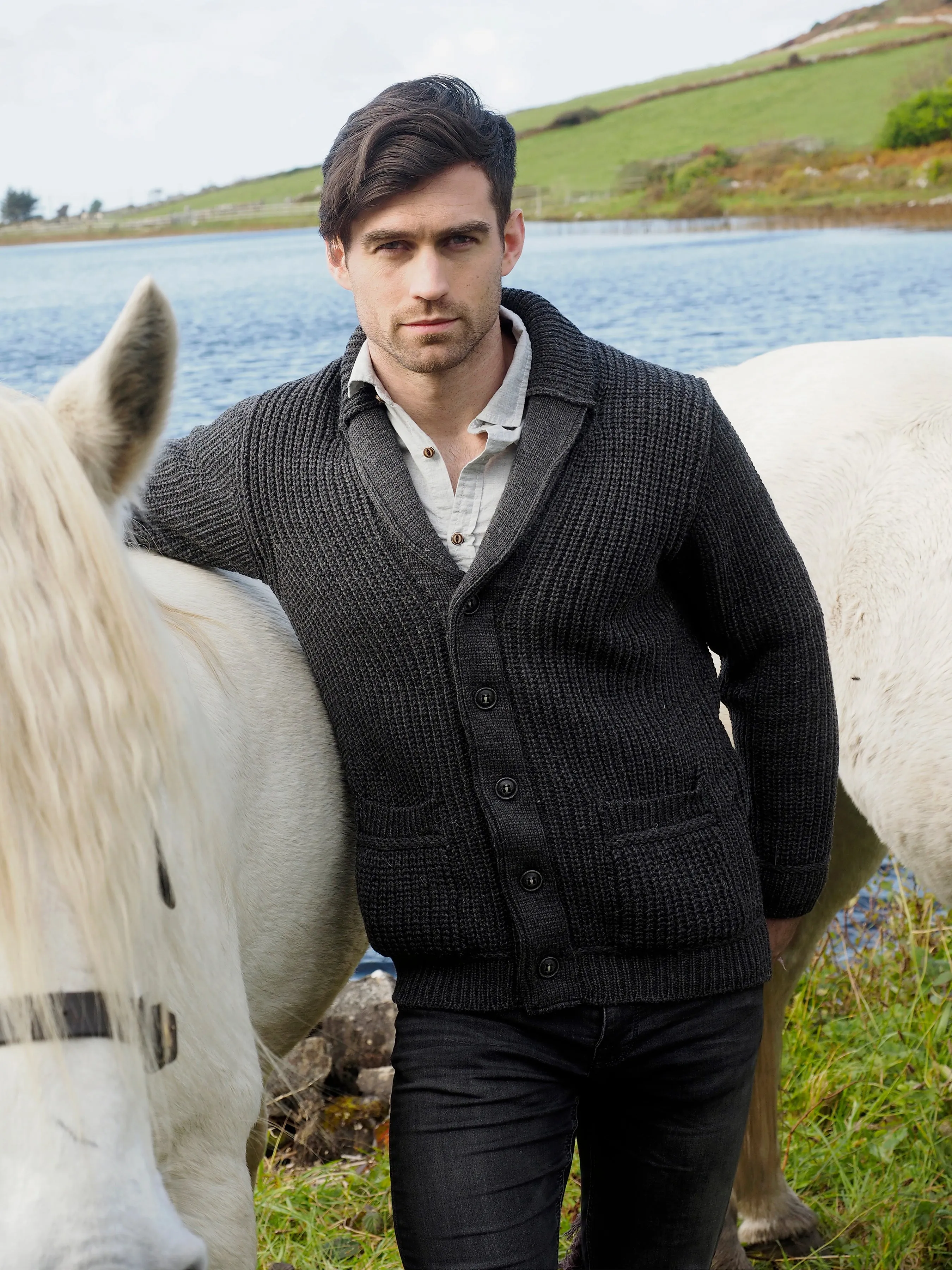 SLANE RIBBED STITCH SHAWL NECK CARDIGAN