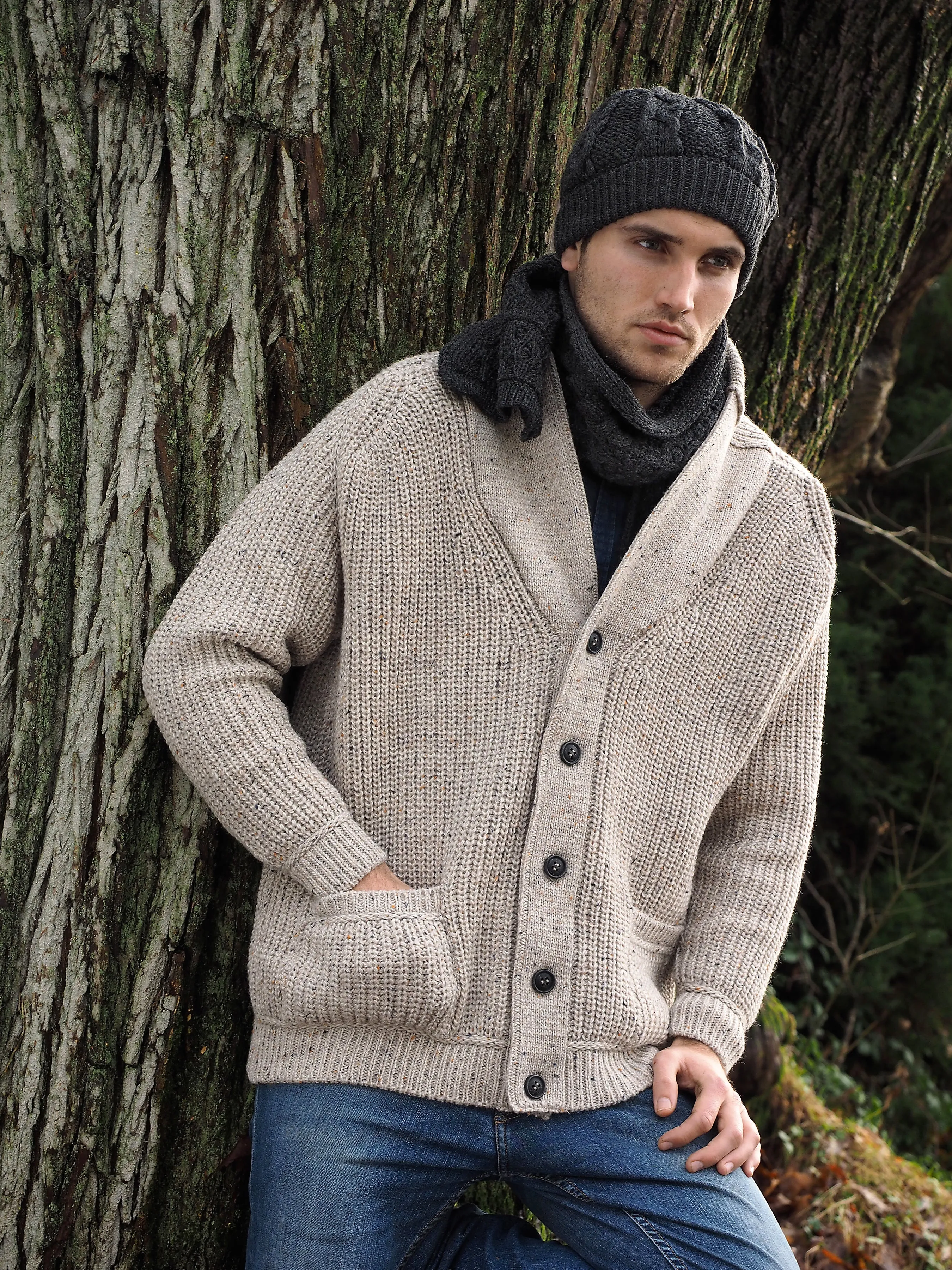 SLANE RIBBED STITCH SHAWL NECK CARDIGAN