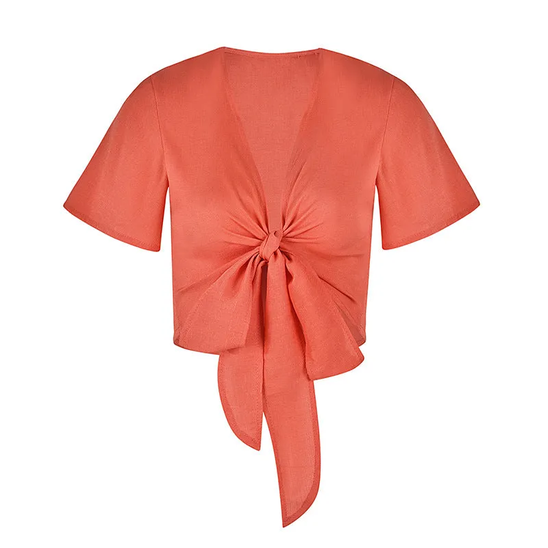 Solid Color Chiffon Breathable Bat Sleeve Bow Top Sun Protection Clothing