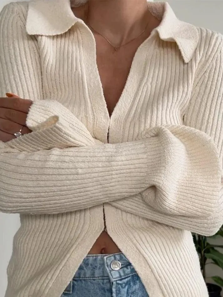 Solid Rib V Neck Flare Sleeve Cardigan