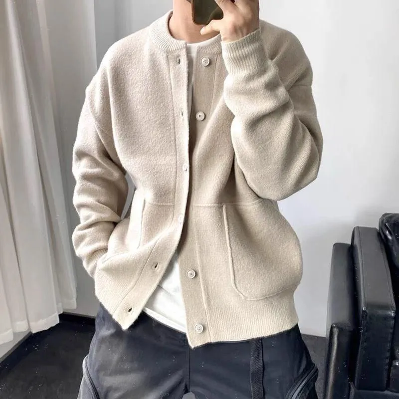 Solid Round Neck Single Breasted Knit Cardigan