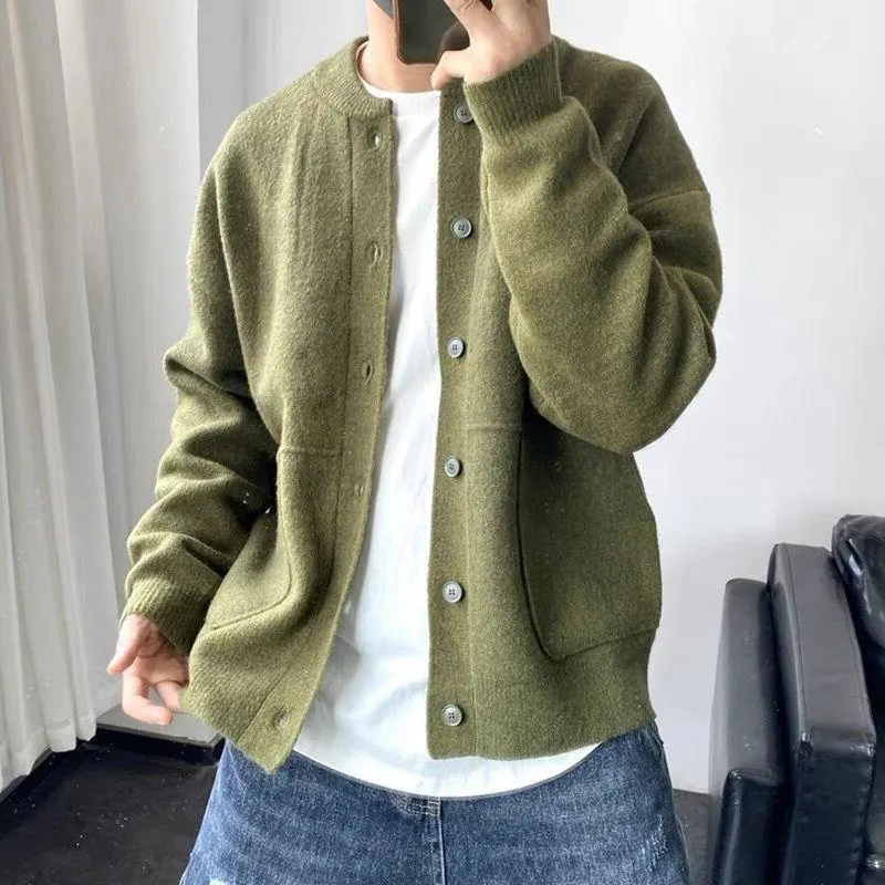 Solid Round Neck Single Breasted Knit Cardigan