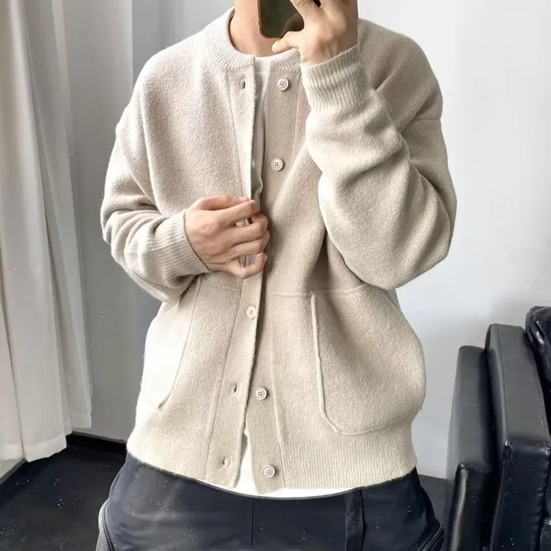 Solid Round Neck Single Breasted Knit Cardigan