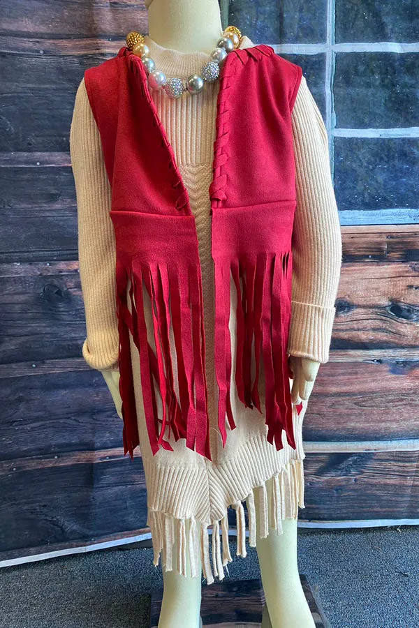 Solid suede vest cardigan with tassels DLH2681