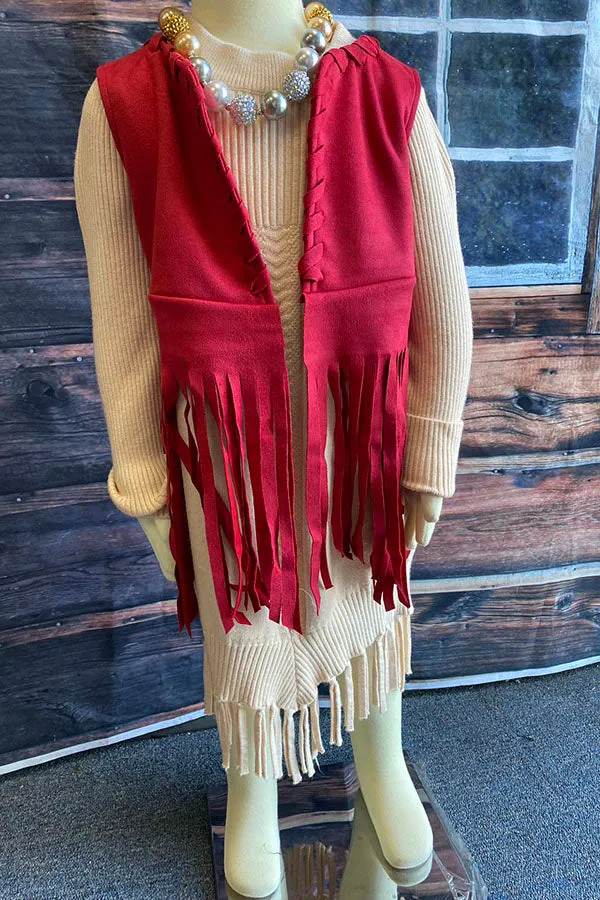 Solid suede vest cardigan with tassels DLH2681