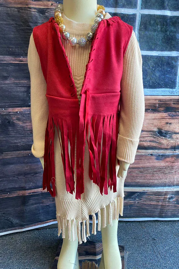 Solid suede vest cardigan with tassels DLH2681