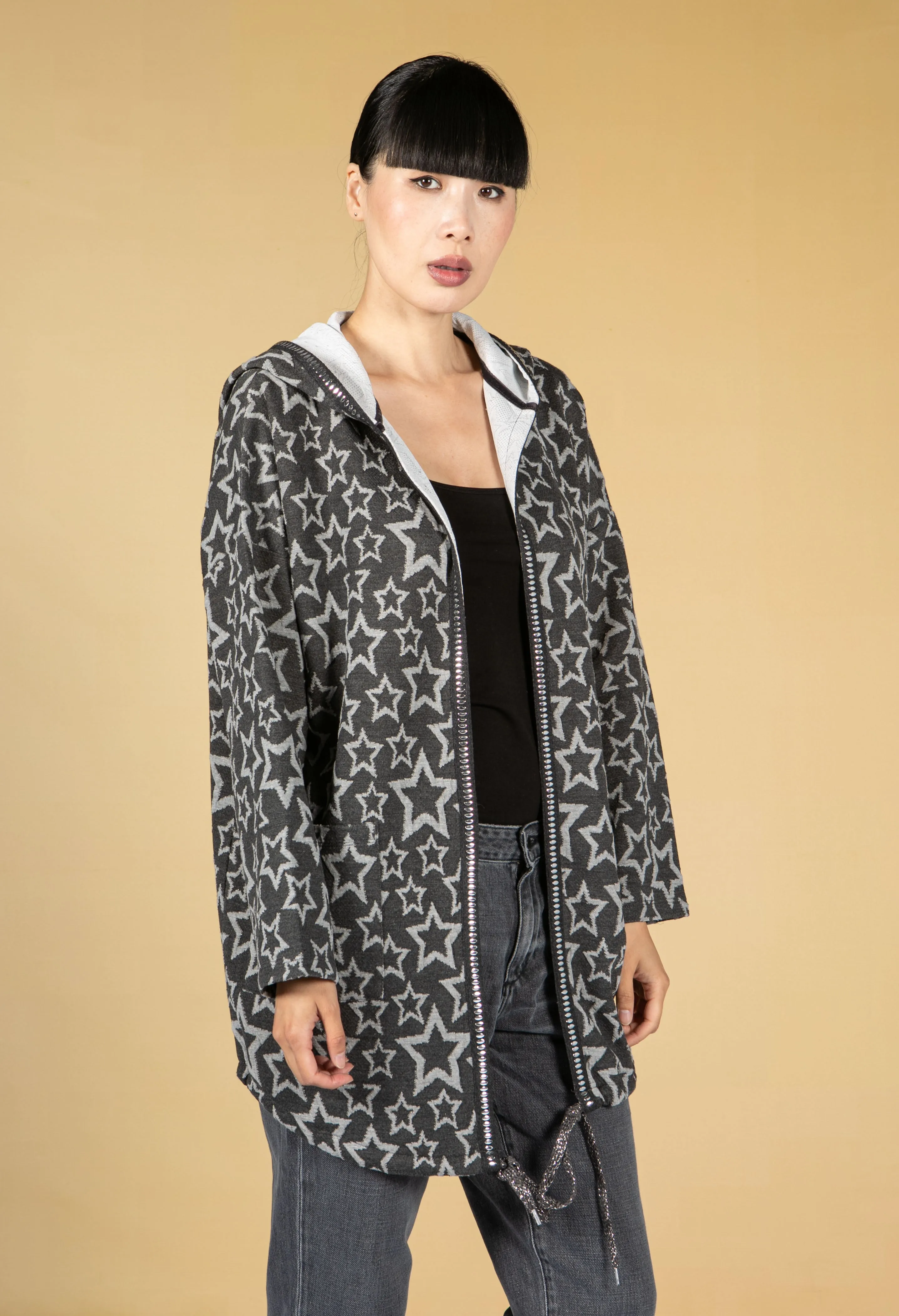 Star Print Knitted Cardigan With Hood