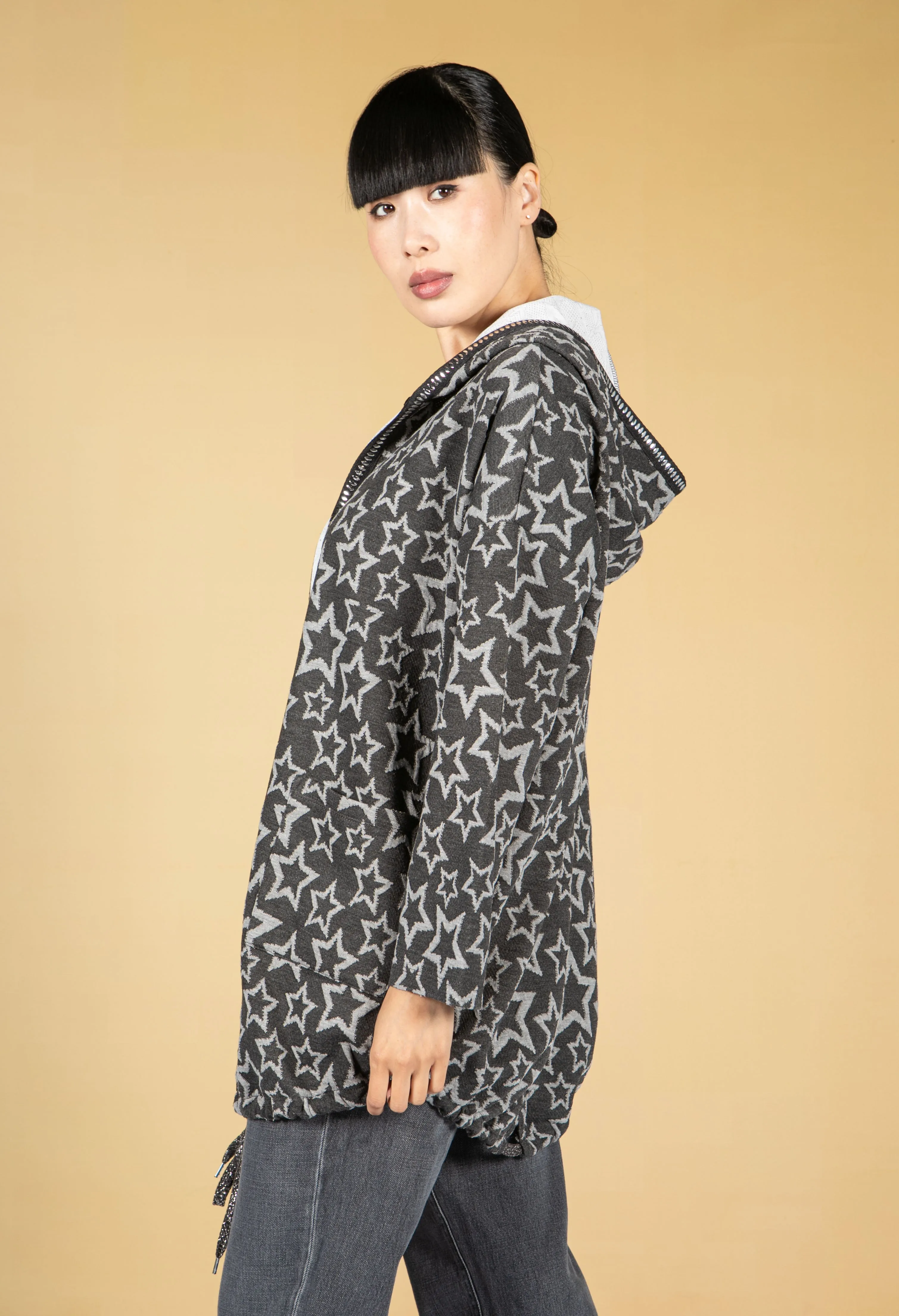 Star Print Knitted Cardigan With Hood