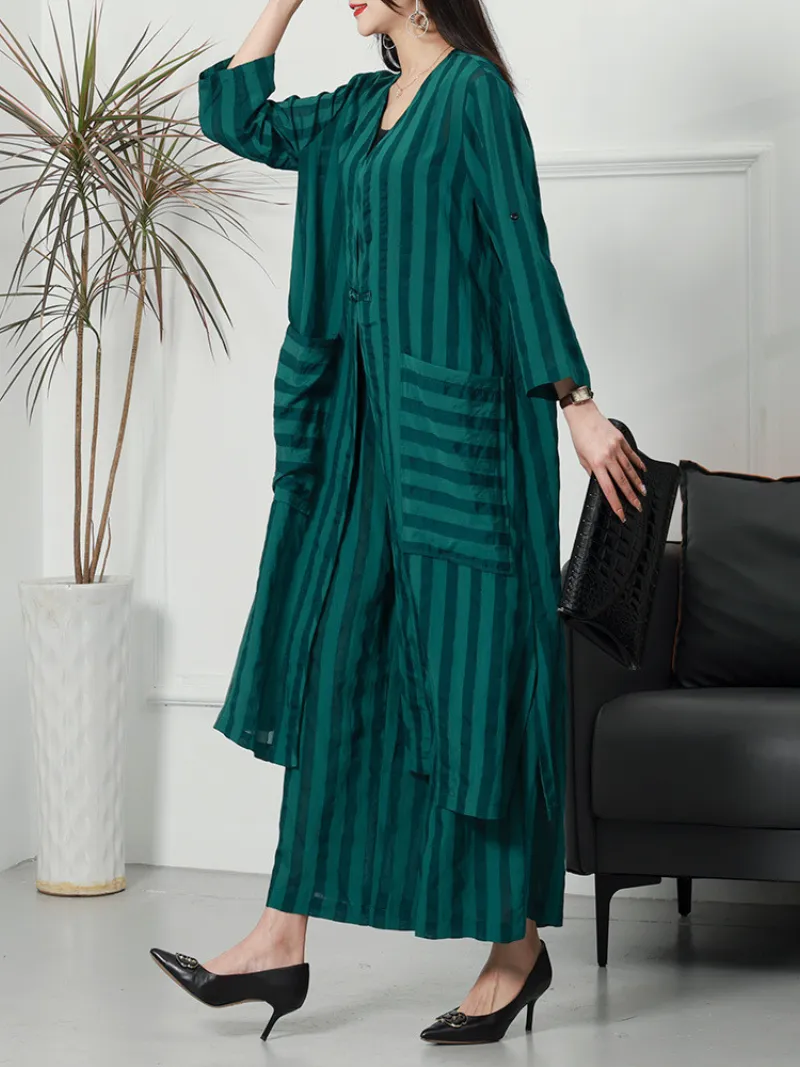 Summer Large-Size Striped  Cardigan Two-Piece Co-Ords Set