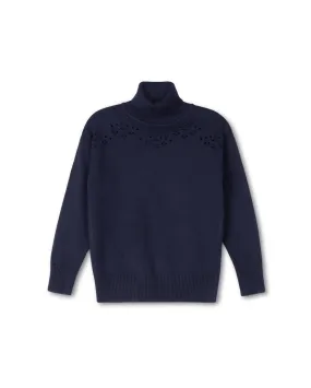 top l/s knit turtleneck lined pointelle - navy