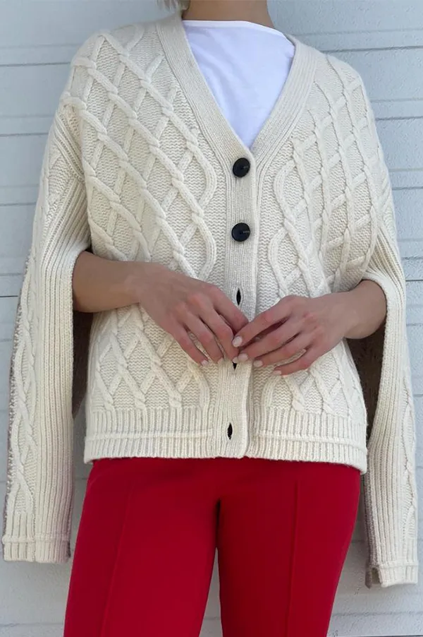 Twisted Cable Cardigan in Ivory/Stone