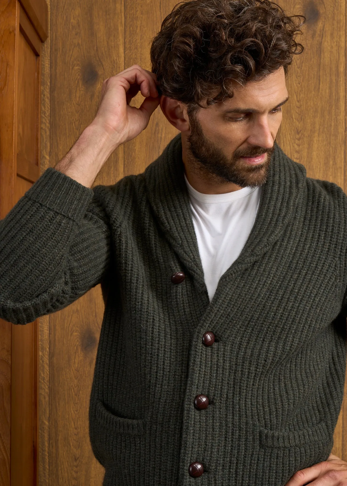 Usworth Men's Shawl Collar Lambswool Jumper In Seaweed - Regular Fit