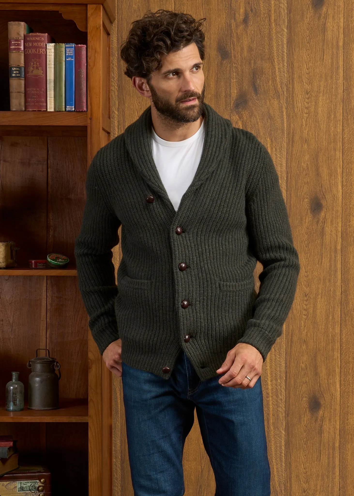 Usworth Men's Shawl Collar Lambswool Jumper In Seaweed - Regular Fit